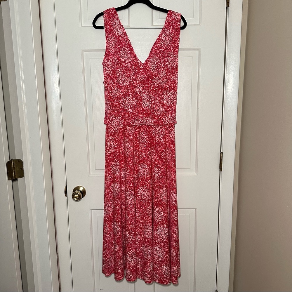 Dress Barn Red and Pink Polka Dot Sleeveless Dress with Ruching Size 8